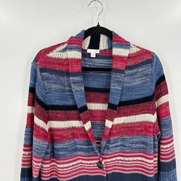 J. JILL Red White Blue Linen Knit Stripe Button Up Long Cardigan Sweater Medium - Picture 3 of 6